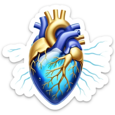 Golden omega-3 fish oil capsule with ethereal blue glowing aura connecting to a translucent heart and brain, showing energy flowing between them, with soft light waves sticker