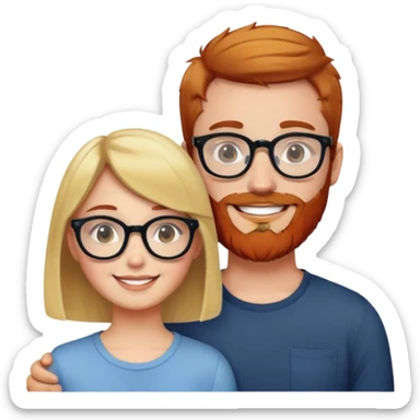 Girl with short brown hair and round glasses smiling next to man with blonde hair and red beard. sticker