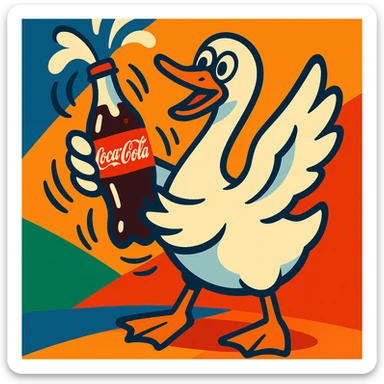 a goose shaking a Coca Cola bottle, vibrant and playful sticker
