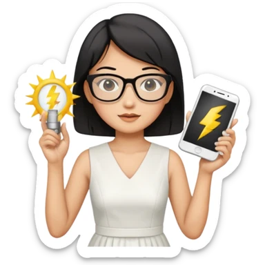 asian teacher with a white dress holding a flash with retangle glasses and black short hand  sticker