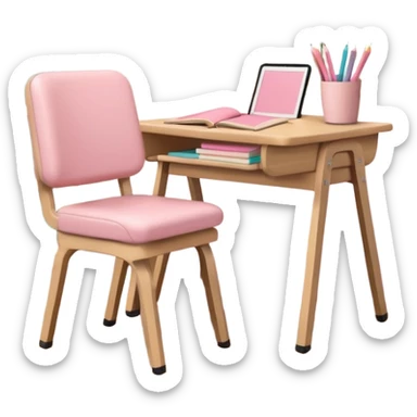 Student library table with pastel pink stationery, beige tote bag on the chair sticker