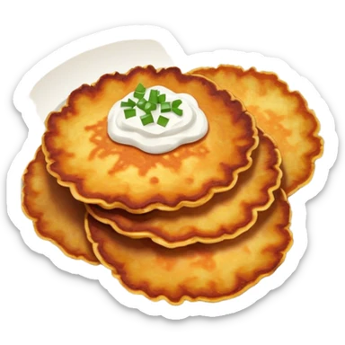 Cinematic Realistic Placki Ziemniaczane Dish Emoji, depicted as crispy potato pancakes served with sour cream rendered with vivid textures and warm, appetizing lighting. sticker
