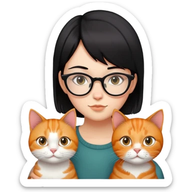 girl with glasses  black  straight Short hair and ginger cat. sticker