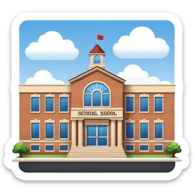 a full view of school building with a name board  sticker