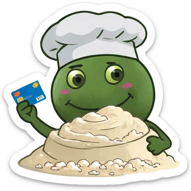 Happy emoji with credit card in hand and a pile of flour sticker