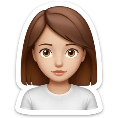A Girl with Brown hair and Brown eyes with a t-shirt White. The t-shirt have un  sticker
