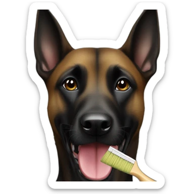 black-dog-malinois with a brush in his mouth sticker