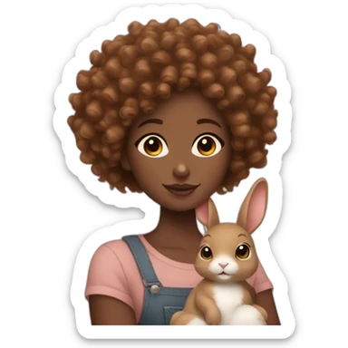 black woman with sparkly brown curly hair holding cute floppy eared light brown bunny sticker