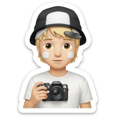 Young male, holding camera, white t-shirt, cap, blond hair sticker