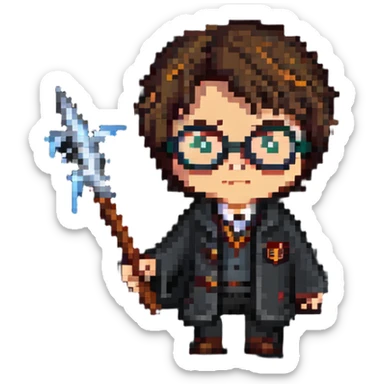 Harry Potter with glasses, lightning scar, and wand sticker