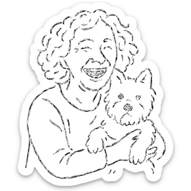 50-year-old woman with silver curly hair, laughing, holding a Westie dog, hand drawn outlined icon sticker
