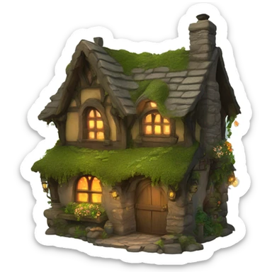 A cozy fantasy cottage made of stone and wood, covered in moss, vines, and flowers. The windows are aglow with firelight. sticker