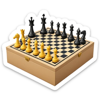luxury open cardboard box with chessboard inside and scattered floating chess pieces, emoji style sticker
