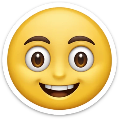 A hyper-realistic 3D render of a cartoon-style emoji face with exaggerated features. The emoji has a bright yellow, smooth, rounded face with large, shiny, expressive brown eyes and raised dark brown eyebrows. It shows an extremely wide, exaggerated smile with perfectly aligned, large  sticker