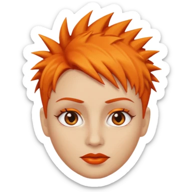 A person emoji with light skin, short spiky orange hair swept to one side, matching orange eyebrows, brown eyes, an oval-shaped face, a small nose, and dark lipstick. sticker