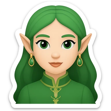 Create an Apple emoji style image of a woman with elf ears and green hair, no background. sticker