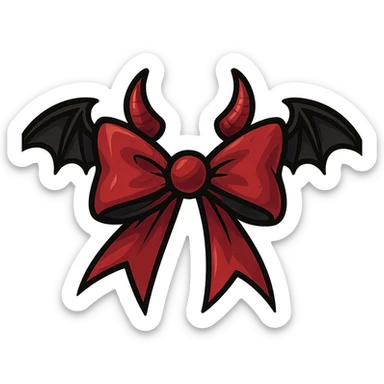 devil bow, red and black colors, small horns on the bow, pointed ends, mischievous vibe, bat wings sticker