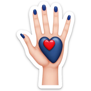 
a hand with a red manicure holds a dark blue heart with two fingers sticker