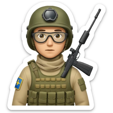 Ukrainian Intelligance agency warrior man in platecarrier with nato riffle in helmet, balaclava, poncho and ballistic glasses sticker