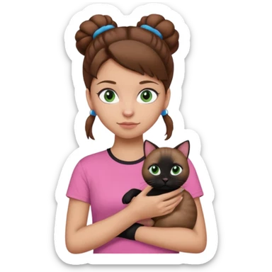 girl emoji with blue eyes, light skin, brown hair in a bun, wearing a pink t-shirt, holding a black cat with green eyes sticker