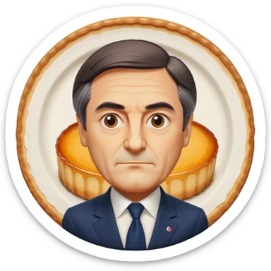 apple style emoji François Fillon's bust, whole head and face a single slightly translucent beige flan, all features flan, no human colors, on a round white plate sticker