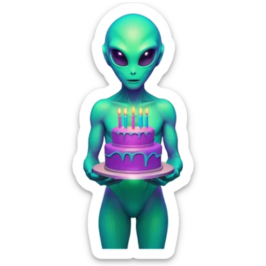 A neon-colored alien holding a holographic birthday cake, 1980s vaporwave aesthetic, grid floor, purple and cyan sunset, glitch effects, synthwave atmosphere, retro futuristic style
 sticker