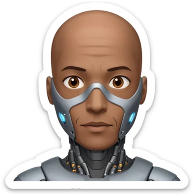 bald dark brown man, vertical half of his face covered in cyborg augmentations sticker