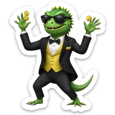 capitalist iguana banker in tuxedo and black sunglasses dancing crazy with coins sticker