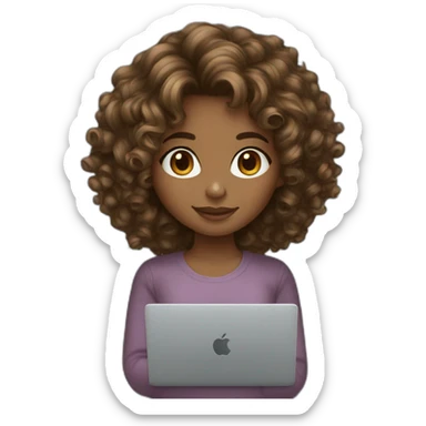brown balayage curly hair girl with macbook sticker