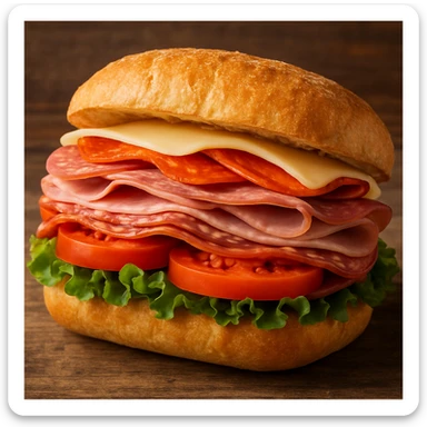 an Italian sandwich with layers of meats, cheese, lettuce, tomato, and a crusty roll, appetizing and colorful sticker