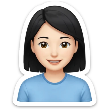 검정 긴머리에 청순한 직장인의 모습 웃고 있으면 좋겠어 하늘색 셔츠를 입으면 좋을 거 같ㅇ다  눈동자도 검정색 이빨은 보이지 않게 미소만 띄우면 좋겠어  sticker