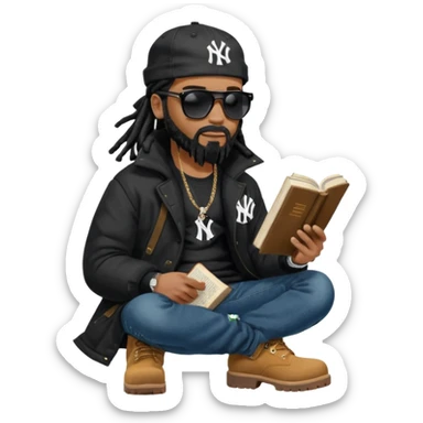African American man with shoulder length black dreadlocks with black beard wearing black sunglasses wearing a black bubble winter coat wearing a black New York Yankees logo baseball cap wearing denim skinny jeans and Timberland boots reading a Bible sticker