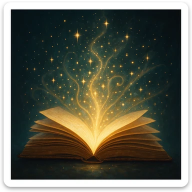 magical glowing book, sparkles, open pages, radiant energy, whimsical sticker