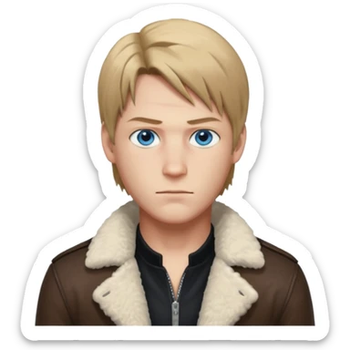 Leon Kennedy from resident evil 4 remake in sheepskin coat and black t-shirt blue eyes clean-shaved sticker