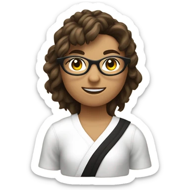 chica adolescente blanca con pelo castaño ondulado y lentes negros delgados medio circulares y cuadrados y cara ovalada, cuerpo delgado, haciendo taekwondo sticker