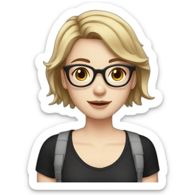 Girl with pale skin, short dark brown hair, glasses, and freckles; wearing a black t-shirt  sticker