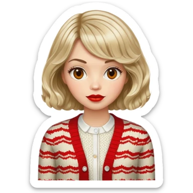 Alluring 1970's French girl french shiny wavy textured bob haircut tousled hair red lips wearing knitted cardigan sticker