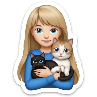 Apple-style emoji sticker of a young woman with long dark blond hair and bangs, blue eyes , holding a black-and-white cat on her chest, both smiling.  sticker