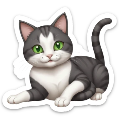 beautiful female solid dark grey cat with green eyes, white toes/paws and white patch on her chest playfully rolling upside down sticker