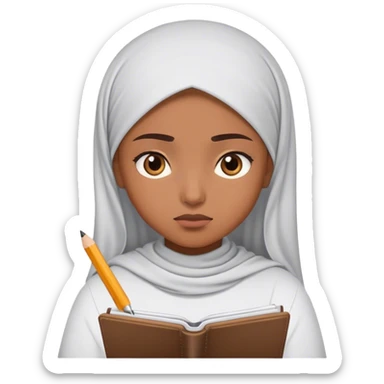 Muslim girl writing in notebook with difficulty, with confusion, emoji question sticker