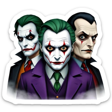Thriller Movie Icon: A dark, intense collage with close-up images of iconic thriller characters like 1 Joker, 1 Hannibal Lecter, and 1 Vlad Dracula. The background features a moody Gotham City skyline, with shadowy figures and fog. Atmospheric, suspenseful tone. Transparent background. sticker
