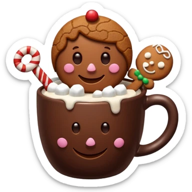A hot chocolate with a gingerbread man and marshmallows sticker