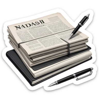 Create an emoji representing journalism and publicistic writing. The design should feature a stack of newspapers as the base, with an open working notebook placed on top of them. A single fountain pen should rest at the very top on the notebook, symbolizing the act of writing. Use neutral, professional colors like black, white, and muted tones to convey a sense of seriousness and intellect. Do not include any emojis or smiley faces. Make the background transparent. sticker