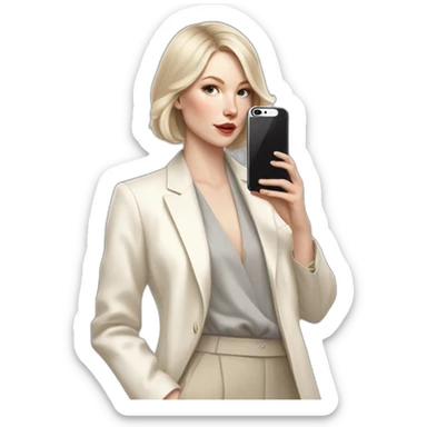 pale skin woman with ash blonde Straightened bob Hair, White Spacious classical jacket, beige palazzo Arrow pants and gray blouse holding white IPhone 15 pro in the hands sticker