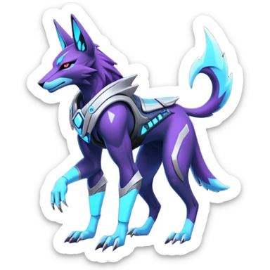 Silver and indigo and purple and violet cyberpunk intricate neon glowing grey white futuristic cyborg-Anubis-Zeraora-Zoroark-fusion (full body) sticker