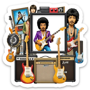 Rock music icon: powerful stage with electric guitars, drums, and amplifiers. Collage of rock icons—Jimi Hendrix, Led Zeppelin, Nirvana, and The Rolling Stones—symbolizing the energy and rebellion of rock. Transparent background. sticker