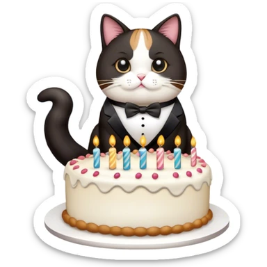 A fat tuxedo cat pooping out a birthday cake with Seoul in the background sticker