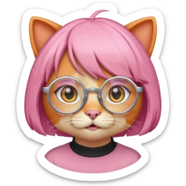 Orange Yellow cat wearing pink bob hair wig, circle glasses sticker