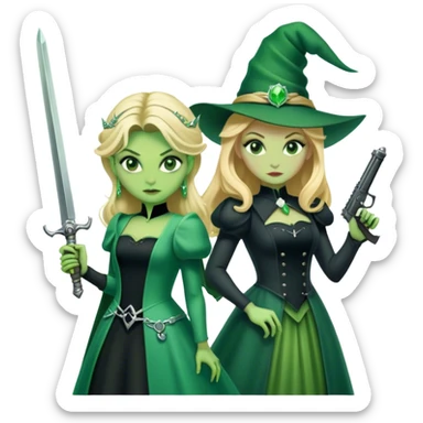 elphaba and glinda but one is with a gun and the other has a sword sticker