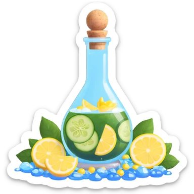 potion bottle with a perfectly round floating bottom, very small cork, very short neck, filled with #00d9ff liquid, inside cucumber slices, lemon slices, ice cubes, edible flower petals, and magical sparkles, soft lighting, transparent glass, clean background, fantasy style sticker